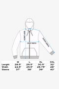Hoodie size chart measurements for body length, chest width, and sleeve length across sizes Medium, Large, XL, and XXL. Body length ranges from 28.5 to 32 inches; chest width ranges from 24.5 to 28 inches; sleeve lengths vary from 37 to 40 inches. Sleeve length is measured starting from the back of the neck.