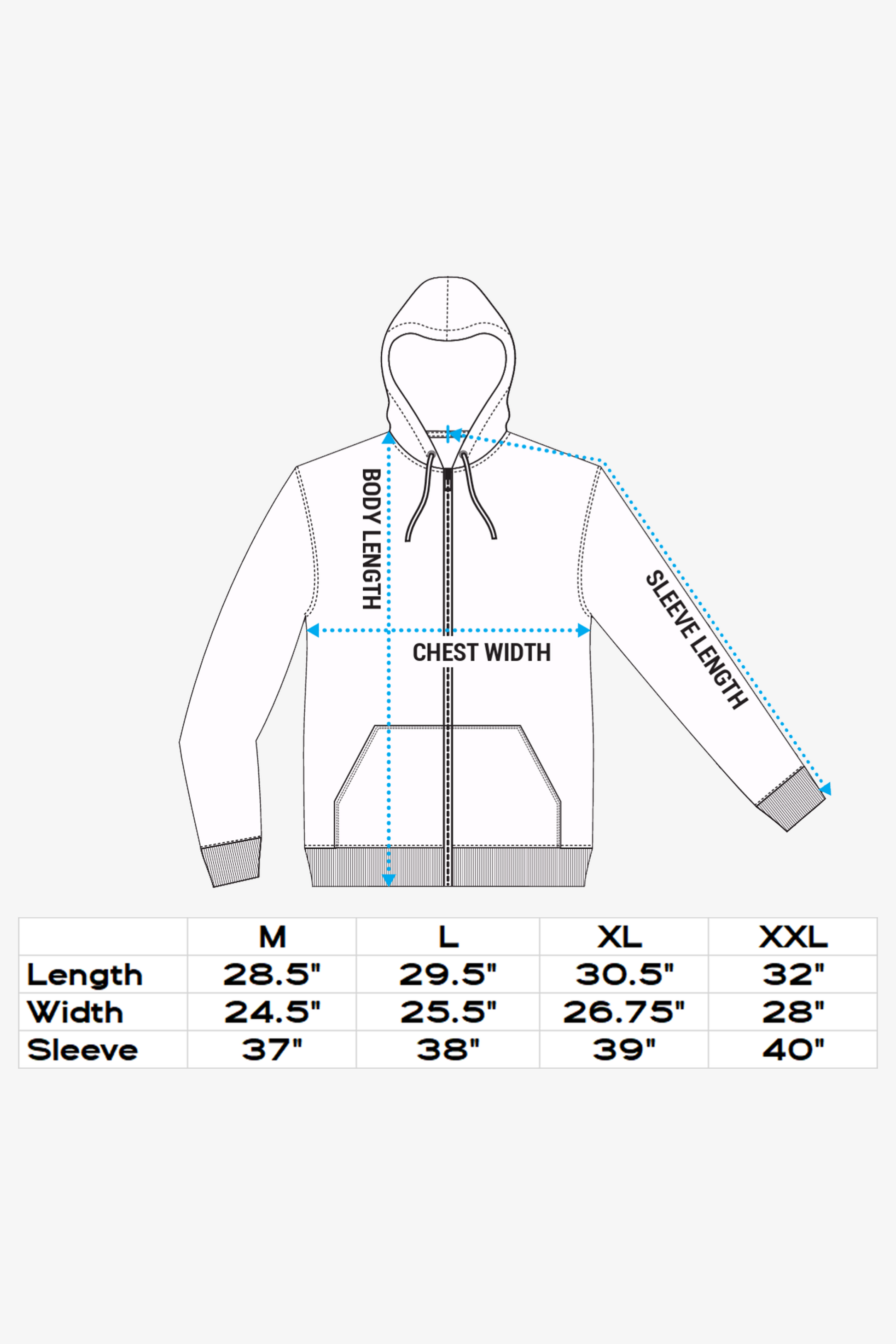 Hoodie size chart measurements for body length, chest width, and sleeve length across sizes Medium, Large, XL, and XXL. Body length ranges from 28.5 to 32 inches; chest width ranges from 24.5 to 28 inches; sleeve lengths vary from 37 to 40 inches. Sleeve length is measured starting from the back of the neck.