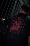 TRGDY black oversized “Macabre” tee, rear view, heavyweight baggy t-shirt depicting unsettling macabre design, dark streetwear