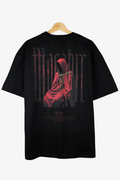 TRGDY “Macabre” oversized tee, rear view, black baggy t-shirt with hooded figure graphic, 100% cotton dark streetwear