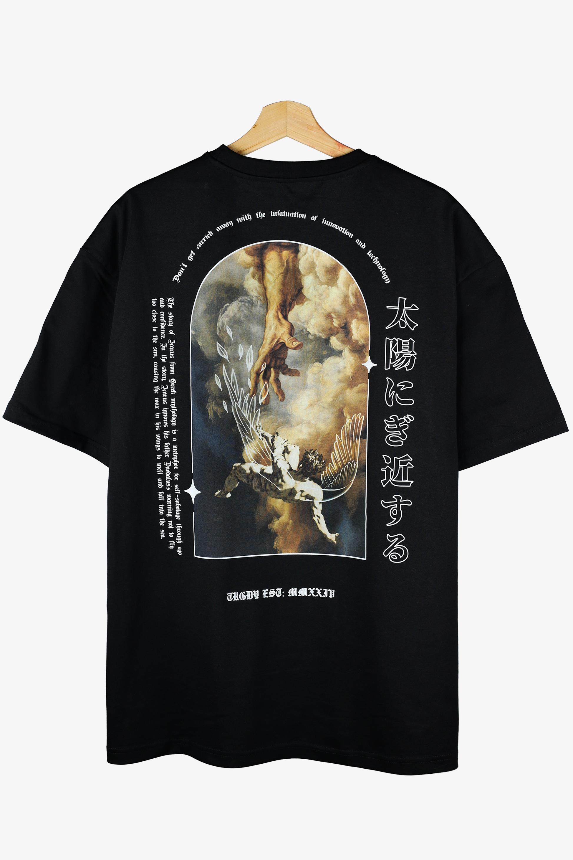 TRGDY black oversized “Too Close To The Sun” tee, rear view, graphic of Icarus falling, premium dark streetwear shirt