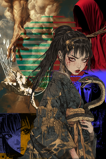 Collage of a woman in traditional attire holding a snake, with abstract elements and a red hooded figure.