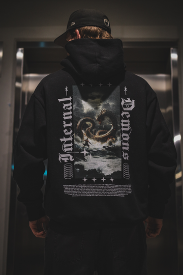 TRGDY “Internal Demons” black oversized hoodie, rear view, premium heavyweight boxy fit, gothic dark streetwear design
