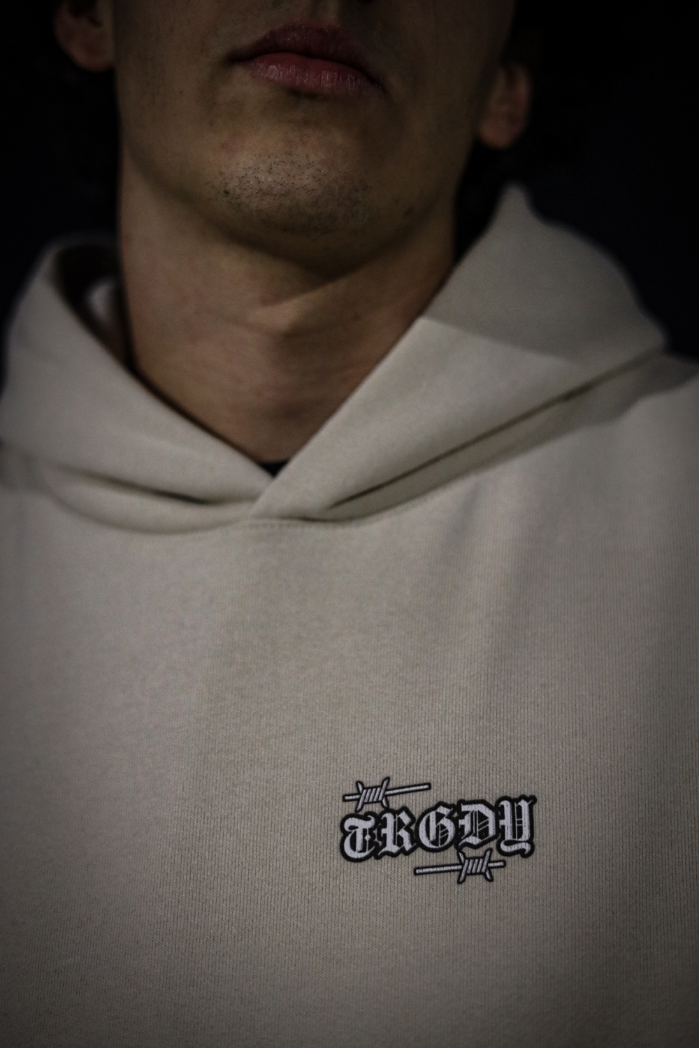 TRGDY “Internal Demons” baggy oversized hoodie in black, rear view, myth-inspired gothic graphic, premium dark streetwear